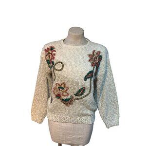 Vintage 80s Nubby Knit Sweater Jacobean Floral Applique Medium